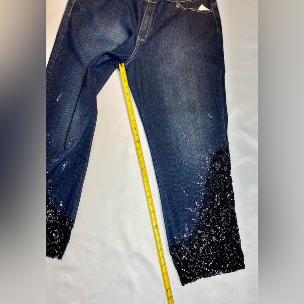 Embellished deep blue denim jeans Sequin Black Lace Embroidered Capri - Picture 7 of 13